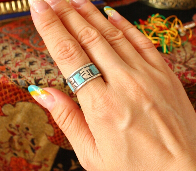 Handmade Tibetan Silver Turquoise Om Mani Padme Hum Ring